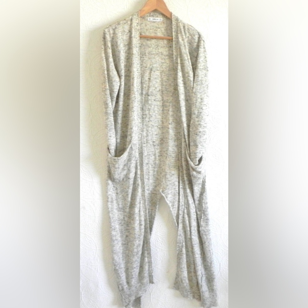 Zara Marled Neutral Open-Front Long Duster Cardigan with Split Back - Picture 7 of 9